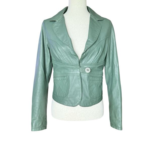 Italian Green Leather Blazer Jacket Women’s EU 44 US 6 - 8) Coat Lined - Picture 1 of 10